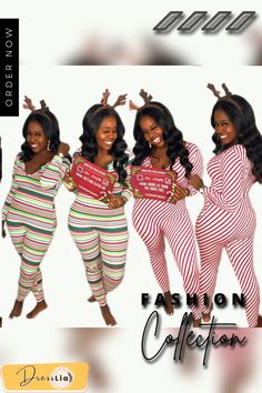 Womens Color Striped Printed Long Sleeve Skinny Jumpsuit Fitted Jumpsuits And Rompers For Christmas, Fitted Christmas Jumpsuits And Rompers, Fitted Jumpsuits And Rompers For Pajama Party, Casual Fitted Holiday Sets, Casual Fitted Sets For Holiday, Fitted Casual Holiday Sets, Color Pick, Color Stripes, 1 Million