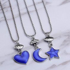 Bff Necklaces For 3-Best Friends Forever Necklaces For Girls Boys, Cute Blue Heart Pentagram Crescent Pendant Friendship Necklaces Set L1700 3 Bff Necklaces, Bestie Necklaces, Heart Pentagram, Crescent Pendant, Trio Necklace, 3 Best Friends