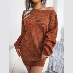 Cozy up in style with our Soleil Sweater Dress. We love how carefree and high-spirited this looks, you will look stylish with a little effort. Crafted on soft wool with a flattering combination of dark orange and apricot threads, detailed into an off-shoulder neckline with long bishop sleeves. The mini length stops short right before grazing mid-thigh. Also available in gray and turquoise. Styling Tips:Pair yours with sneakers or boots to give off cozy girl vibes. Belt Not IncludedColor: Burnt O Burnt Orange Maternity Dress, Orange Maternity Dress, Plus Size Elegant Dresses, Pullovers Outfit, Wool Knitted Dress, Sweater Mini Dress, Lantern Sleeve Sweater, Office Holiday Party, Pullover Outfit