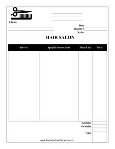 a hair salon invoice form with scissors on the top and below it's name