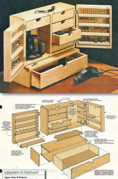 woodworking plans and instructions for drawers in a cabinet with the doors open to show how they