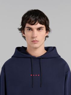 Loopback organic cotton jersey hoodie. Regular fit with ribbed trims and kangaroo pocket, embellished with a small Marni print on the chest. Modern Cotton Sweatshirt With Drawstring Hood, Modern Cotton Hoodie With Ribbed Cuffs, Cotton Hoodie, Kangaroo, Men Sweater, Organic Cotton