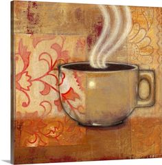 a painting of a coffee cup with steam rising from it