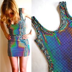 rave dress? yes. Rave Party Outfit, Holographic Dress, Kristina Webb, Rave Dress, Iridescent Color, Retro 3, Rave Party, Disco Dress, New Years Eve Dresses