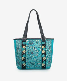 TOTE BAG: Made of synthetic leather Cut-out floral embroidered The handbag features individually applied, meticulously cut flowers with studded centers Top zipper closure Interior zip pockets and compartments A zipper pocket and an open pocket on the back Top handle (Drop: 11") 12"(L) x 5"(W) x 10.5"(H) Interior Capacity: Large WALLET: Made of synthetic leather Cut-out pattern embroidered Cut flowers with studded centers applied Top zipper closure Interior credit card slots, window ID, and bill Leather Cuts, Large Wallet, Bag Collection, Cut Out Design, Cut Flowers, Synthetic Leather, Floral Embroidery, Women's Bag, Top Handle