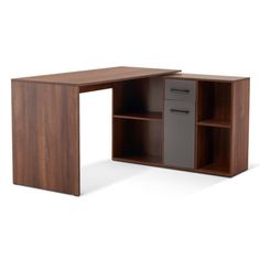 an office desk with two open shelves on the top and one closed drawer at the bottom