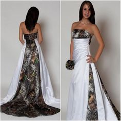 two pictures of a woman in a wedding dress and one is wearing a camo sash