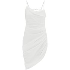 Jacquemus asymmetric mini dress made of double viscose twill with a draped design, featuring a deep neckline, adjustable straps, and a side zipper closure. Draped Mini Dress, Makeup Travel Case, Designer Drapes, Deep Neckline, Asymmetrical Hem, Beauty Accessories, Invisible Zipper, Asymmetric Hem, Dress Making