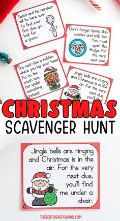 christmas scavenger hunt for kids with santa and elves on the side, including