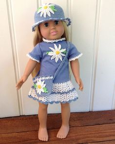 18 Doll Daisy T-Shirt Dress, Hat & Purse Crochet Pattern - Maggie's Crochet Big Doll, American Girl Crochet, Doll Items, Shirt Dress Pattern, Crochet Doll Dress, Crochet T Shirts, American Doll Clothes, Crochet Daisy, Ag Doll Clothes