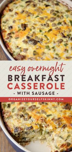 overnight breakfast casserole with sausage in a white baking dish on a wooden table