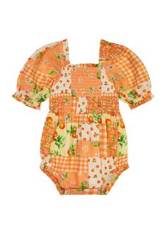 Orange Blossom Baby Romper - JessaKae Summer Bubble Romper With Ruffles And Puff Sleeves, Summer Puff Sleeve Bubble Romper With Ruffles, Spring Bubble Romper With Puff Sleeves And Ruffles, Spring Cotton Bubble Romper With Smocked Cuffs, Spring Bubble Romper With Smock Detail, Cute Cotton Bubble Romper With Smocked Bodice, Spring Fitted Smocked Bubble Romper, Spring Fitted Smock Bubble Romper, Spring Bubble Romper With Smock For Playtime