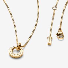 Pandora Signature I-D Collier Pendant & Necklace | Gold | Pandora US Gold Pandora, Pandora Gold, Necklace Clasps, Jewellery Uk, Christmas Gifts For Women, Gold Pendant Necklace, Necklace Sizes, Sterling Silver Charm, Jump Rings