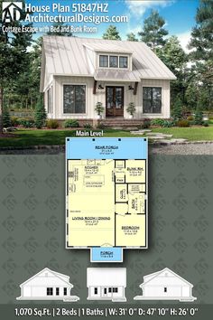 the house plan is shown with two garages and one living area, as well as an