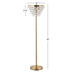 the golden floor lamp with crystal balls on it's base and measurements for each bulb