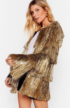 western fashion trends Tinsel Fringe Jacket, Playful Outfits, Disco Outfits, Straight Fashion, Latest Crop Tops, Boogie Nights, Trendy Crop Tops, Gold Fringe, Dresses For Girls