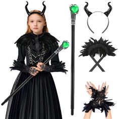 PRICES MAY VARY. Maleficent accessories 4pcs: Lace feather gloves, horn headband, feather cape shawl and silver green ball magic wand Design: Inspired by a magical movie. These accessories allow you to freely match your clothes to create a mysterious and magical atmosphere Materials: The feather cape and gloves are made of delicate lace and soft feathers, making the whole costume gorgeous. The magic horns and staff are made of plastic, which is light and not easy to deform Size: Please check the Maleficent Accessories, Maleficent Costume Girls, Feathered Cape, Maleficent Staff, Maleficent Costumes, Horns Headpiece, Black Wand, Evil Queen Costume, Raven Costume