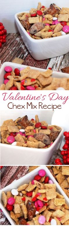 valentine's day chex mix recipe in a white dish