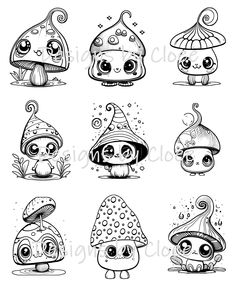 the cute little mushrooms are drawn by hand in black and white, with different designs on them