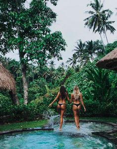 two women in bikinis walking into a pool with palm trees and grass on either side