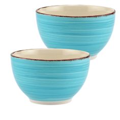 two blue bowls with brown rims are shown side by side on a white background