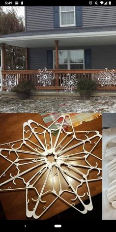 several pictures of the outside of a house with snowflakes on it and an open window