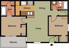 the floor plan for a two bedroom apartment with an attached kitchen and living room area