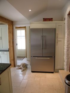 a dog laying on the floor in a kitchen next to a refrigerator and stove top oven