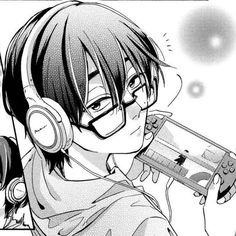 an anime character wearing headphones and holding a nintendo wii game controller in his hand