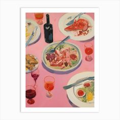 a painting of food and wine on a pink tablecloth with white plates, utensils and glasses