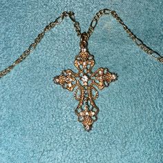 Gold Cross Necklace Never Worn Adjustable Clasp Elegant Silver Metal Cross Necklace, Costume Jewelry Metal Cross Pendant, Costume Jewelry Cross In Metal, Gold Jewelry With Silver Chain And Cross Shape, Pretty Cross, Long Necklace Gold, Gold Long Necklace, Gold Cross Necklace, Fit Ideas