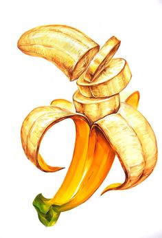 a drawing of a banana that has been sliced in half with the peels still attached to it