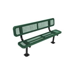 a green park bench sitting on top of a metal stand