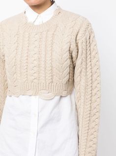 Find R13 Cable-knit Cropped Jumper on Editorialist. oatmeal beige wool cable knit distressed effect crew neck long sleeves cropped Fitted Beige Cable Knit Sweater, Cable Knit, Oatmeal, Jumper, Cable, Long Sleeves, Crew Neck, Luxury Fashion, Wool