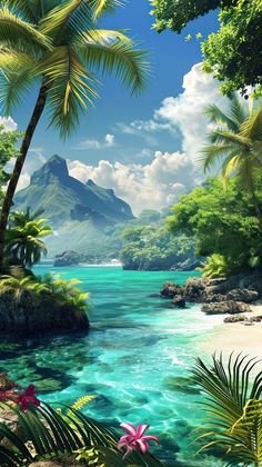 a tropical island with palm trees and blue water in the foreground, surrounded by lush greenery