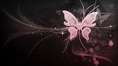 a pink and black butterfly with hearts on it's back wallpaper, as well as an abstract background