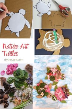 four different pictures with flowers, leaves and turtle paper cut outs on them to make an art project for kids