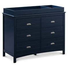 a blue dresser with two drawers and one drawer on the bottom, in front of a white background