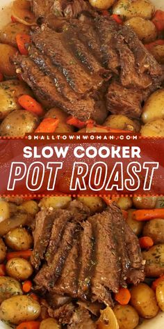 Looking for a Christmas dinner idea? This Slow Cooker Pot Roast recipe features a tender beef chuck roast with onions, carrots, and baby potatoes and a perfect blend of flavorful spices in a rich brown gravy. Pin this main course idea that's a great comfort food!