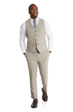 Take your formal look up a notch with this lightweight, stretch-woven waistcoat crafted in a fine mélange weave. 35% polyester, 34% recycled polyester, 29% viscose, 2% elastane     Dry clean     Imported Tailored Vest With Hidden Button Closure And Notch Lapel, Fitted Vest For Workwear With Flat Front, Fitted Flat Front Vest For Work, Fitted Sleeveless Blazer With Hidden Button Closure, Tailored Sleeveless Blazer For Business Casual, Fitted Beige Business Vest, Fitted Beige Vest For Business, Elegant Slim Fit Vest For Spring, Spring Tailored Sleeveless Suit