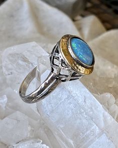 Beautiful Sterling Silver 14kt Gold Blue Opal Vintage Ring Fine Jewelry Blue Cabochon Sapphire Ring, Blue Cabochon Sapphire Ring In Fine Jewelry Style, Sterling Silver Yellow Gold Opal Ring, Yellow Gold Sterling Silver Opal Ring, Sterling Silver Opal Ring In Yellow Gold, Blue Cabochon Sapphire Ring In 14k Gold, Blue Cabochon Ring In Fine Jewelry Style, Fine Jewelry Blue Cabochon Ring, Blue Cabochon Fine Jewelry Ring