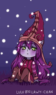 a cartoon character with purple hair and green eyes sitting on the ground in front of snow