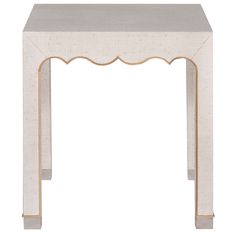 a white table with gold trimmings on the top and bottom, against a white background