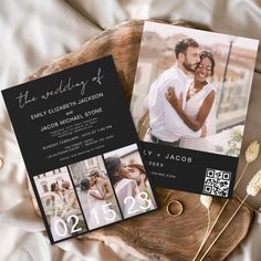 two wedding cards on top of a wooden slice