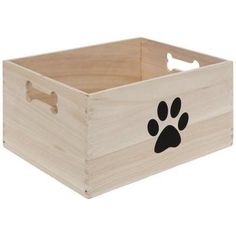 a wooden box with a paw print on the front and bottom, it is empty