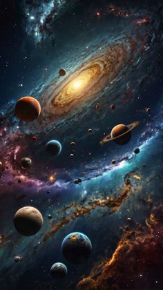 an artist's rendering of the solar system, with planets and stars in the background