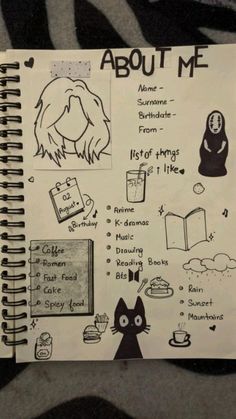 an open notebook with doodles and pictures on the pages that say, about me