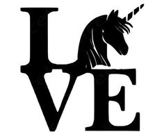 the word love with a unicorn's head and tail on it, in black against a white background