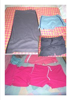 four different types of clothing laid out on top of a bed with pink and blue sheets