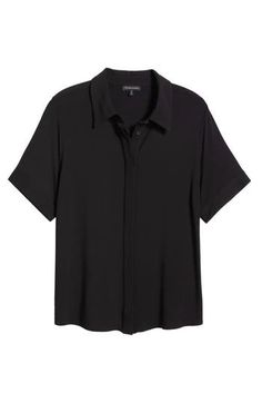 A soft and drapey jersey fabrication elevates this button-up shirt framed by short sleeves that make it a year-round staple. 26 1/2" length Front button closure Point collar Short sleeves 95% rayon, 5% elastane Machine wash, dry flat Imported Black Button Up Shirt, Universal Standard, Nordstrom Store, Black Button, Black Fits, Black Shirt, Make It, Button Up Shirts, Chelsea